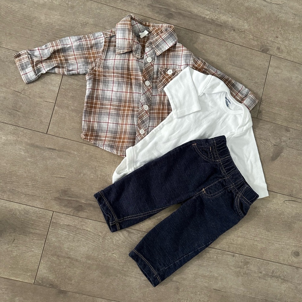 Baby Boy plaid flannel, pants & white long sleeve undershirt fall outfit 3-6m